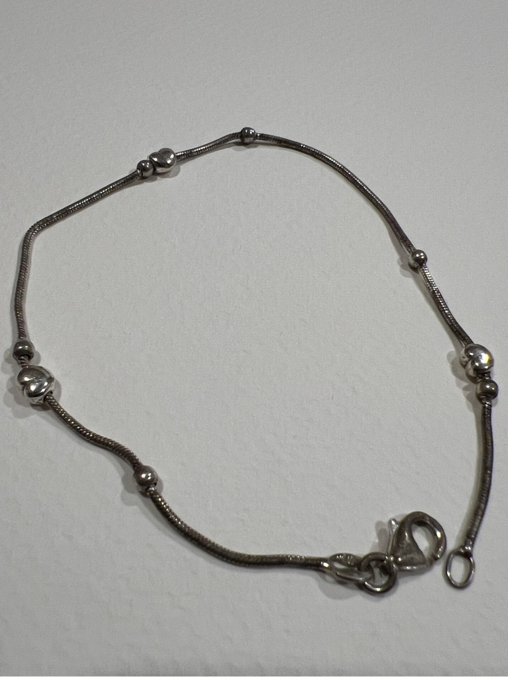 Sterling Silver Beaded Snake Chain Anklet with Tiny Hearts